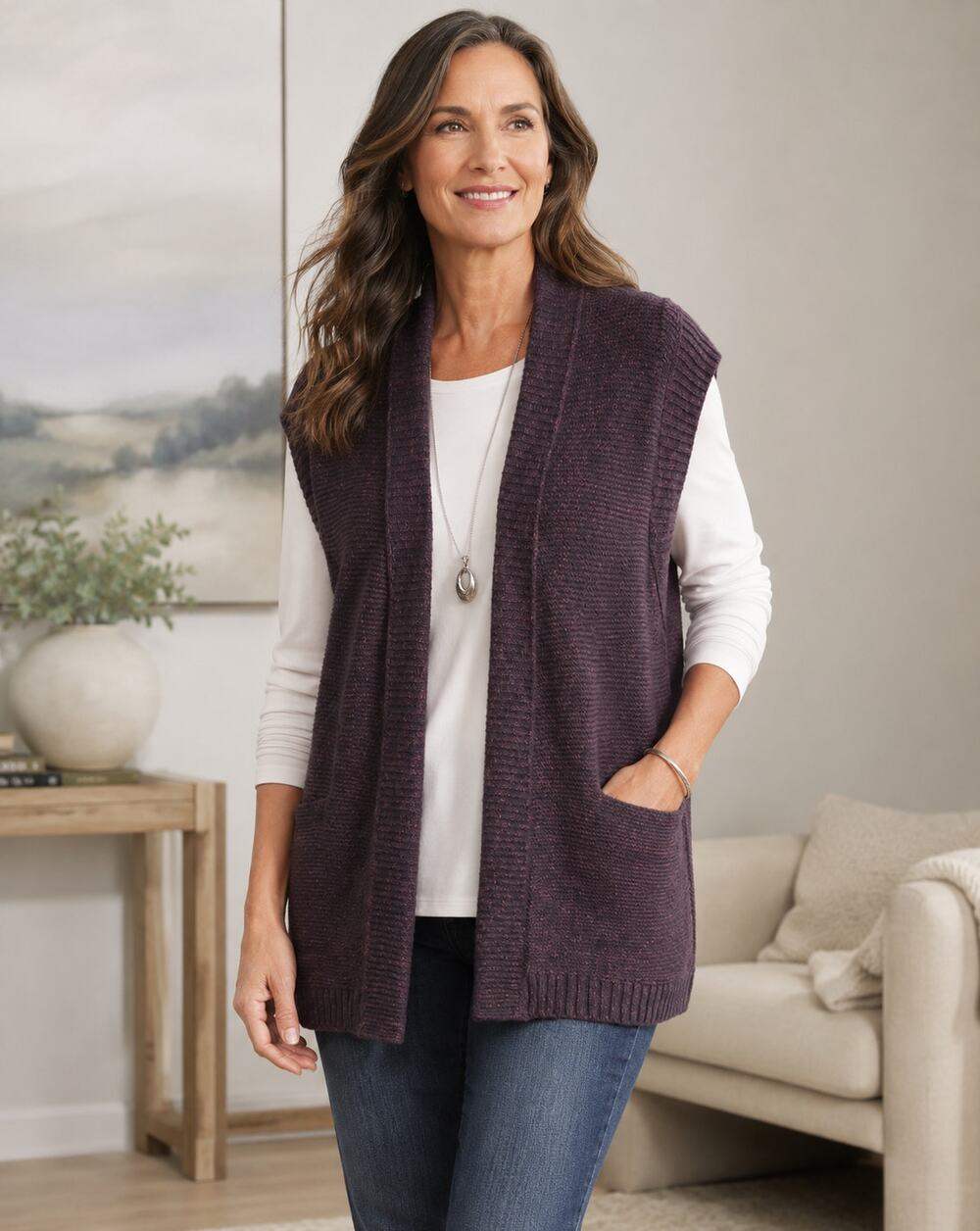 J. Jill Wearever Collection SZ XLT Cotton Blend Open Cardigan Vest Eggplant